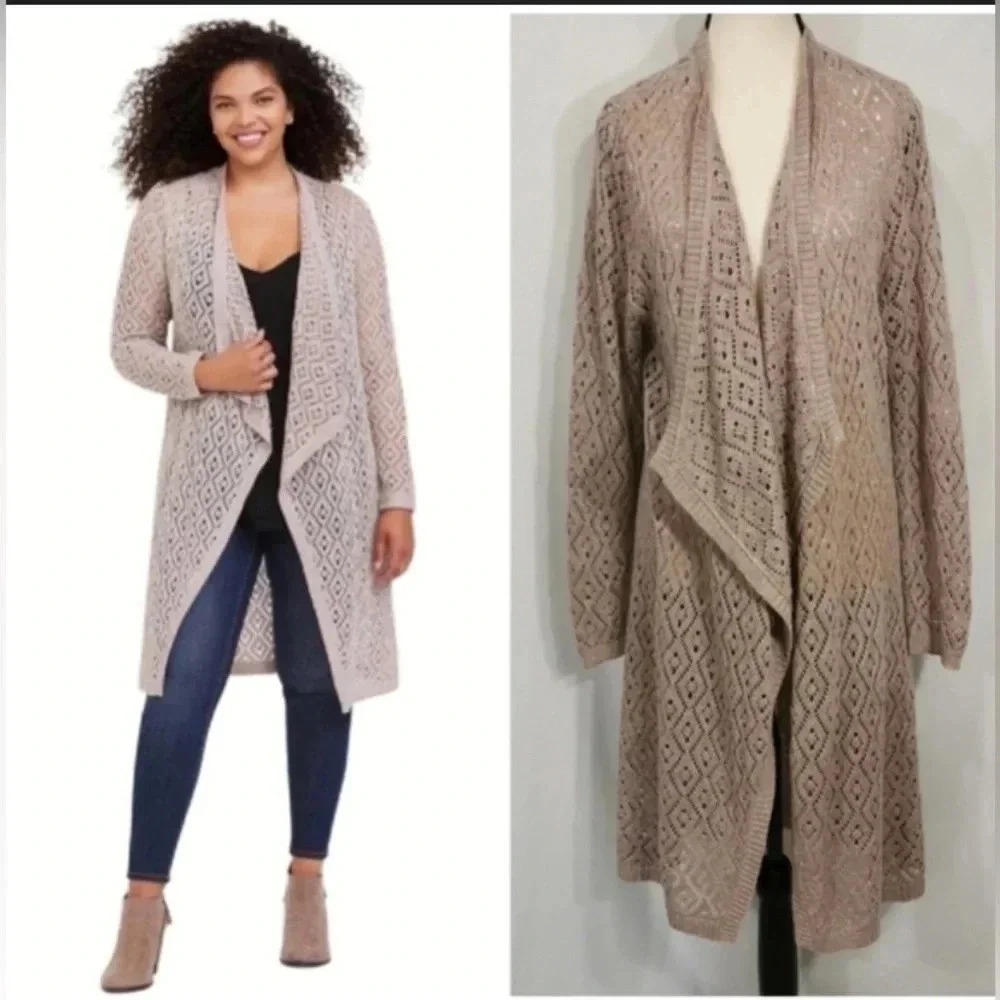 Women’s Torrid Pointelle Drape Front Cardigan Size 3 Beigetan EUC